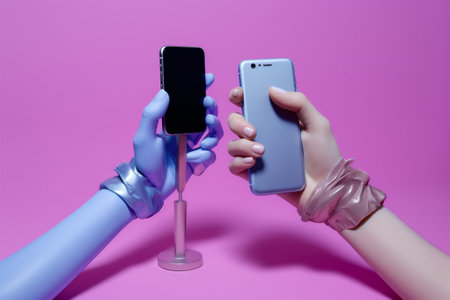 online screen communication phone background hand modern design art collage purple. Generative AI.の素材