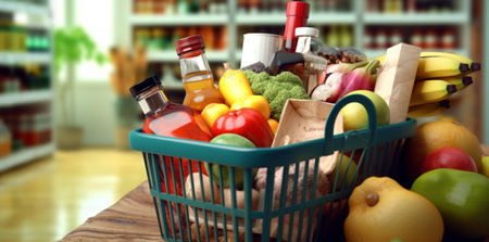 basket supermarket grocery retail shopping delivery store shop food market. Generative AI.の素材