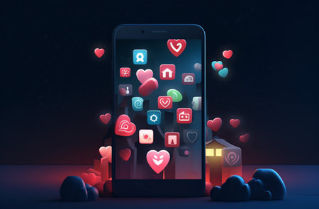 woman man city mobile smartphone hand online application dating like phone app. Generative AI.の素材