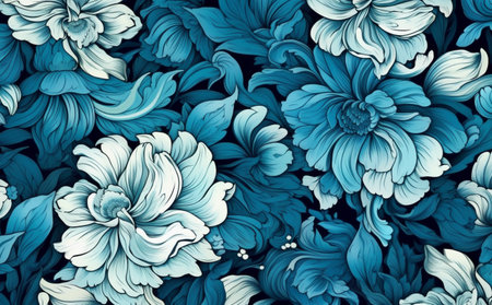 flower design leaf floral vintage illustration white blue pattern background seamless. Generative AI.の素材
