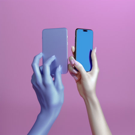 screen background modern purple cyberspace online design phone hand collage art. Generative AI.の素材