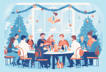 cartoon card happy holiday person winter tree greeting illustration christmas. Generative AI.の素材