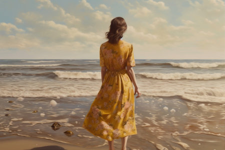 dress woman sea beach summer fashion female lifestyle hippie beautiful person. Generative AI.の素材