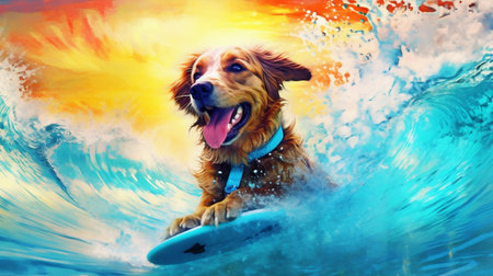 wave dog animal funny beach summer vacation ocean puppy surfer. Generative AI.の素材