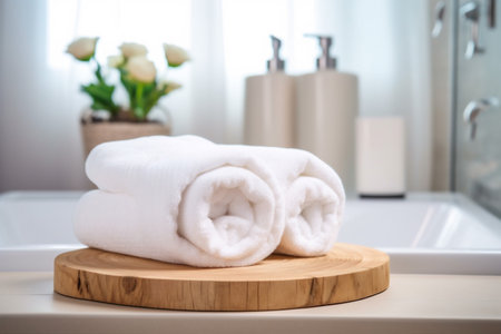white space spa shower towel home soft background bathroom table room. Generative AI.の素材