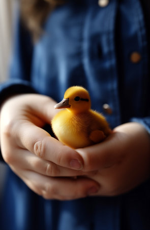 duck girl hand bird farm duckling yellow child little close-up. Generative AI.の素材