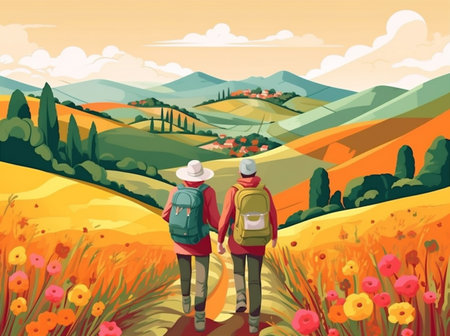 woman man hike illustration vacation tent nature picnic camping night couple forest. Generative AI.の素材