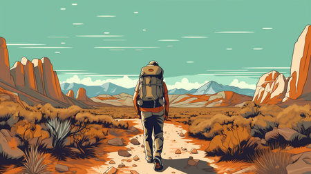 survival man journey backpack adventure trek landscape hike travel desert walking. Generative AI.の素材