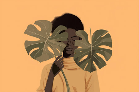 trendy woman beige art design leaf minimal print poster abstract palm. Generative AI.の素材