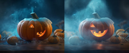 mystery blue pumpkin halloween copyspace night table evil background horror fear. Generative AI.の素材