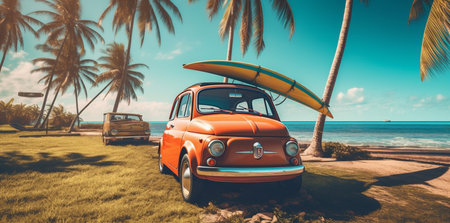 vacation car trip travel beach retro tropical road vintage summer. Generative AI.の素材