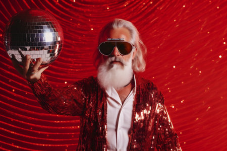 celebration man holiday fun christmas party glasses hat trendy santa red. Generative AI.の素材