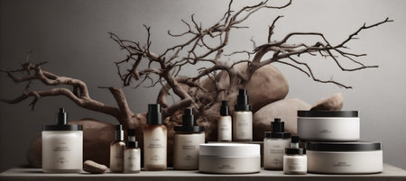 tree cosmetic layout cactus natural product tree nature background branch beauty bottle. Generative AI.の素材