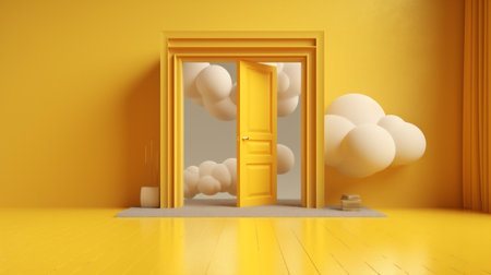minimal pedestal room abstract door cloud yellow cylinder stage showcase. Generative AI.の素材