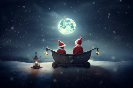 snow magic year holiday moon winter christmas child night claus. Generative AI.の素材