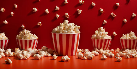background box corn cinema bucket blue red film popcorn food container. Generative AI.の素材