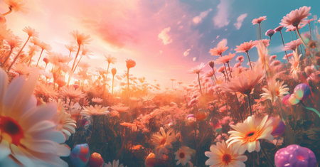 fresh pink violet beautiful background nature sunset flower blooming meadow field. Generative AI.の素材