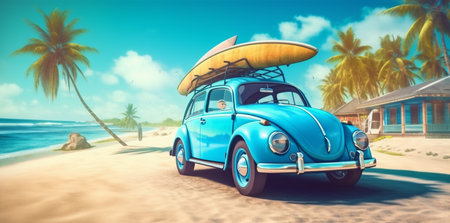 tropical retro trip car vintage road travel vacation summer beach. Generative AI.の素材