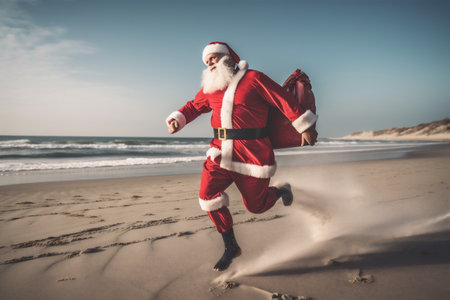 sea vacation christmas surfing claus holiday summer water beach santa. Generative AI.の素材
