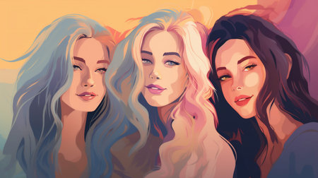 woman female diversity fashion social group adult young face together girl. Generative AI.の素材