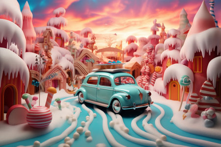 festive christmas retro car gift snow winter merry candy holiday. Generative AI.の素材