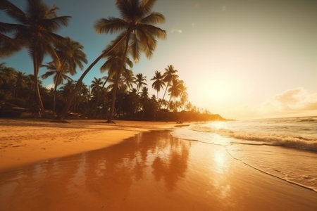 sky island ocean sun sunrise sea palm landscape beach sunset. Generative AI.の素材