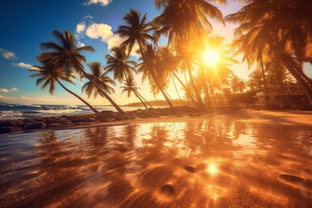 landscape sunrise sunset palm beach sky sea island sun ocean. Generative AI.の素材