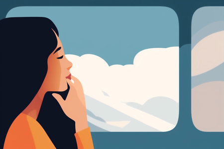 window woman seat journey trip character flight passenger transportation plane traveler. Generative AI.の素材