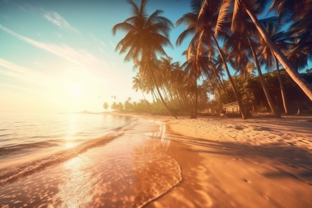 island sea sun beach sky palm sunset ocean sunrise landscape. Generative AI.の素材