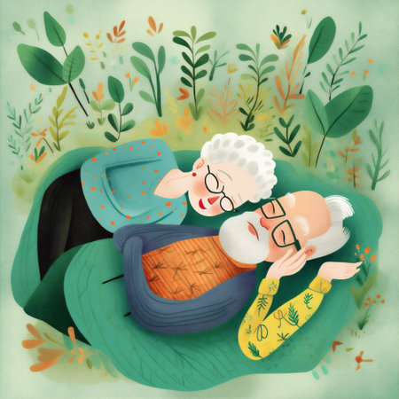 woman man character love together asleep couple happy retired old male bed. Generative AI.の素材