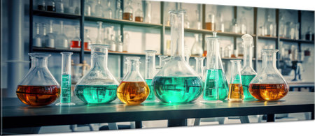 Flask scientific chemical liquid experiment laboratory test research background glassware chemistry scienceの素材