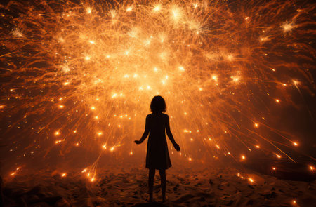 Night woman light girl holiday celebrate festival background fire fireworks background dark party eventの素材