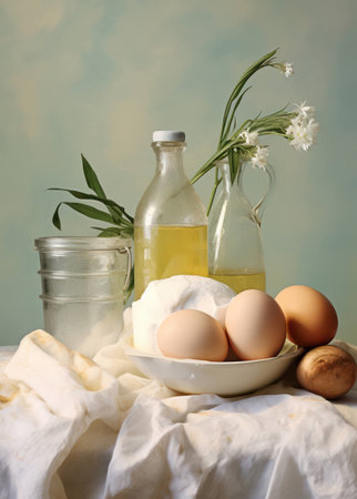 Milk wooden fresh preparation egg cook food ingredient white background flour table backgroundの素材