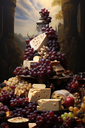 Dairy fruit delicious food slice various french snack fresh background cheese grapes gourmetの素材