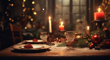 Dinner table interior holiday candle christmas decorated plateの素材