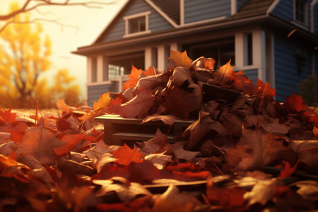 Autumn orange nature house leaves home red background seasonal tree yellow foliage fallingの素材