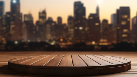 Wooden design blurred background display background abstract wood table light interior city modernの素材