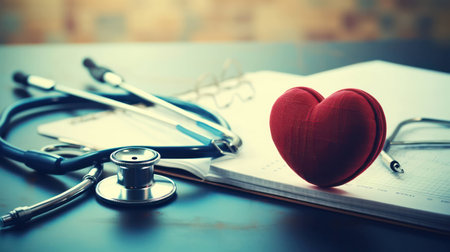 Diagnosis equipment heart hospital red doctor medicine health background stethoscope disease medic care cardiologyの素材