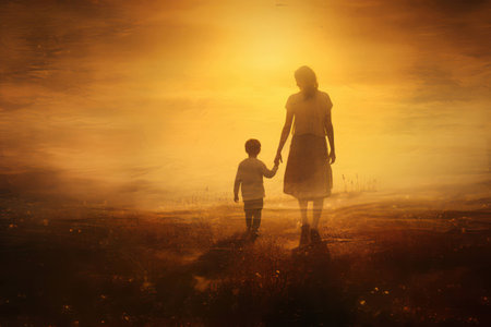 Child woman young girls silhouette mother childhood family woman person sunset summer outdoors natureの素材