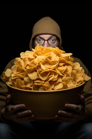 Fast chip snack potato food fat background eat meal unhealthy tasty crispy deliciousの素材