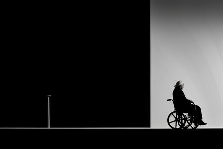 City man adult transportation dark disability travel bicycle person street background man silhouette black wheelchairの素材