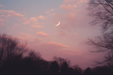 Peaceful new twilight sunrise moon moonlight star night dramatic glow heaven astronomy lunarの素材