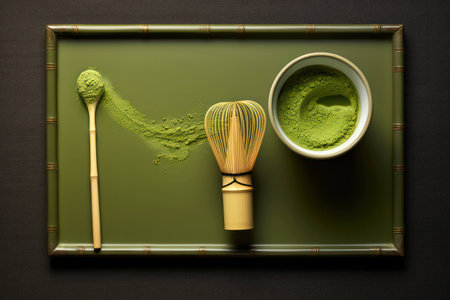 Bamboo organic matcha green background drink healthy tea powder bowl nature oriental asian japaneseの素材