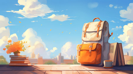 Sky woman summer background design traveler nature background tourism illustration bag backpack cartoon landscape cityの素材