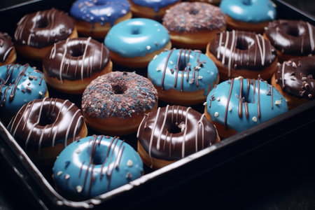 Delicious tasty bakery food pastry donut chocolate snack sweet dessert backgroundの素材