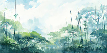 Forest green park nature grass wood watercolor illustration background landscape summer background tree artの素材