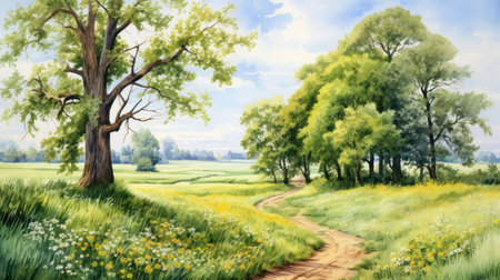 Summer spring beautiful grass sky trees green background landscape nature backgroundの素材