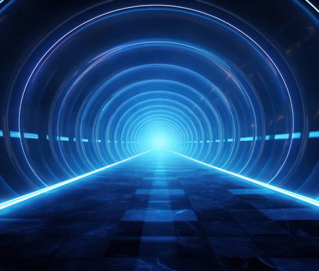 Space neon tunnel light blue interior background futuristic technology perspective background glowing abstract brightの素材