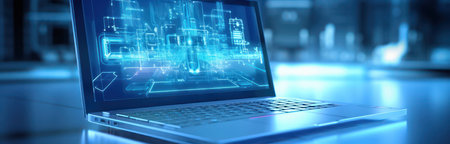 Information digital background tech technology network office double concept internet exposure laptop business computerの素材
