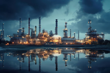 Chemical refinery gas night energy petrochemical factory oil industrial technology production business pipelineの素材